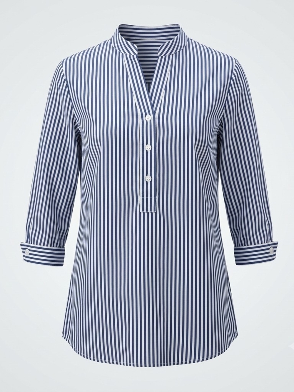 Harshman Striped Cotton Tunic Blouse | V-Neck Nautical Top XS Manadrin Collar